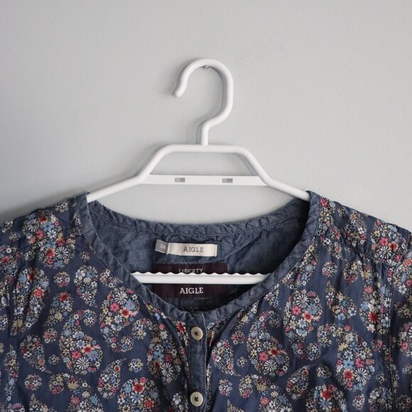 Aigle Womens Blue Sz S Buttoned Henley Short Sleeve Paisley Casual Tunic Top - Picture 4 of 14